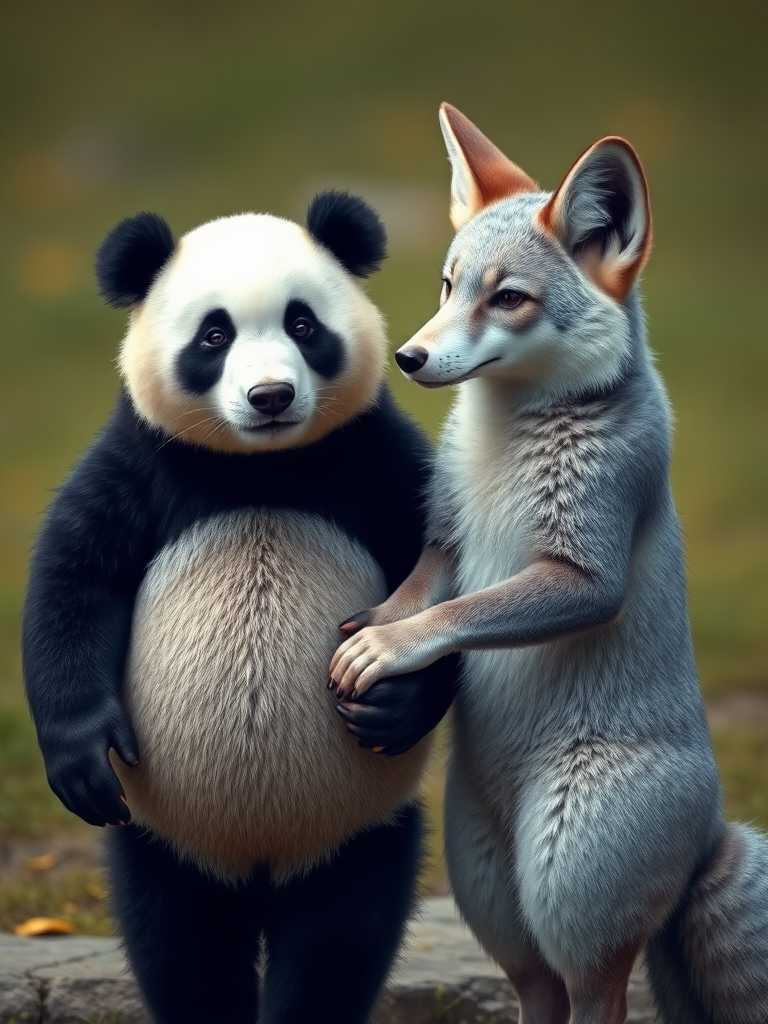 A photorealistic picture of a panda and a silver fox holding hands.