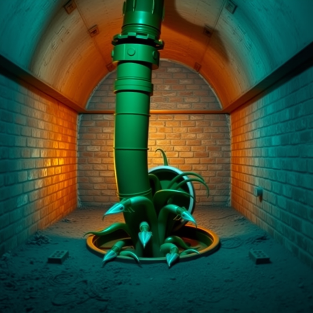 Interior. Underground scene with brick walls and floor. Blue tinted lighting. A large green drain pipe sticks out of the ground. From the pipe opening comes a blue piranha plant imagined as a 1980s movie monster.