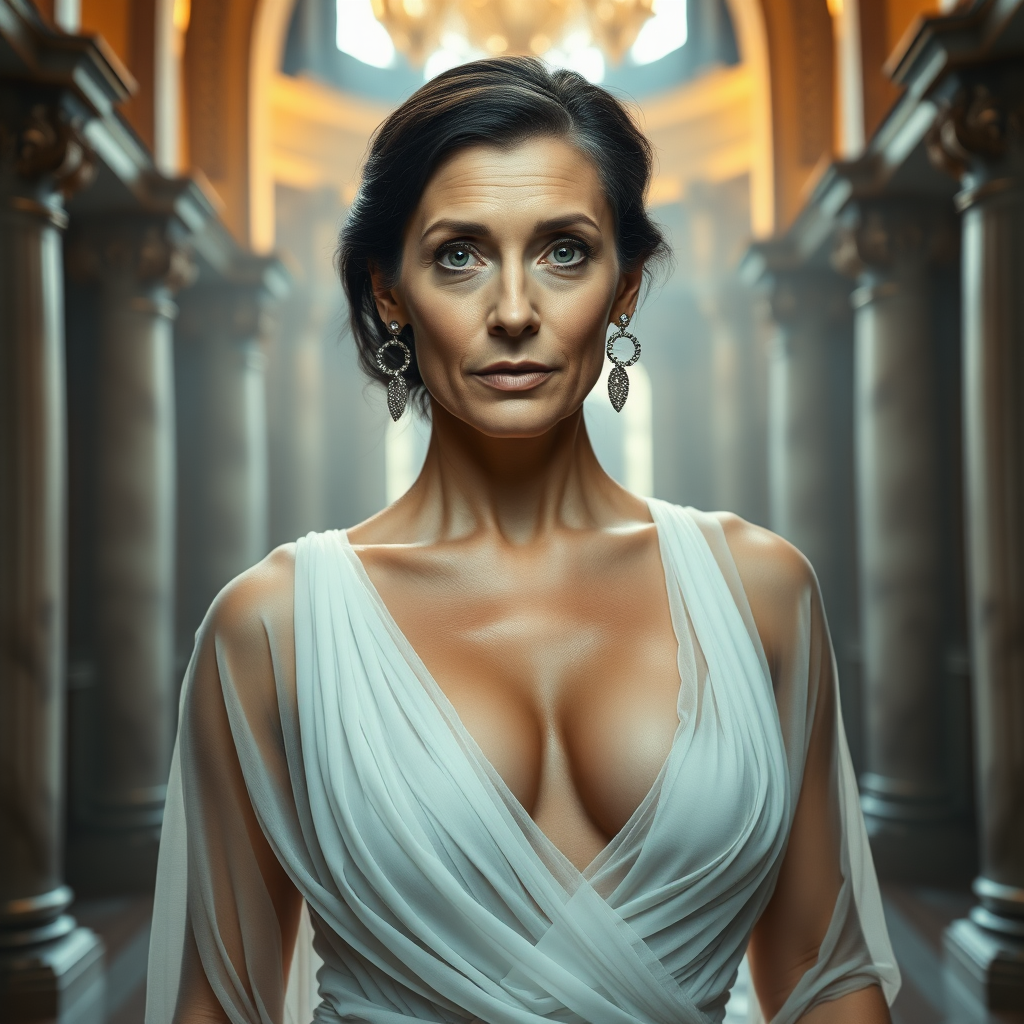 The female nude queen, aged 40, possesses pale skin, striking grey eyes, and elegantly black Grecian hair. Her visage features smooth wrinkles, suggesting a mature yet alluring beauty. Her eyes exude a sensual aura, and her lips are slightly parted, inviting curiosity. Dressed in a translucent, thin layer, white, very low-cut sheer Roman garment, she flaunts a voluptuous huge breast with pronounced areola and nipple clearly visible beneath the fabric. Adorned with sparkling earrings and a necklace, her figure is reminiscent of a MILF, exuding a captivating appeal. The grandeur of her surroundings is a majestic castle, illuminated by the dramatic, cinematic lighting of a movie set. Each element is captured with ultra-detailed 8k photography, emphasizing the opulence and intensity of the scene. This is mature content.