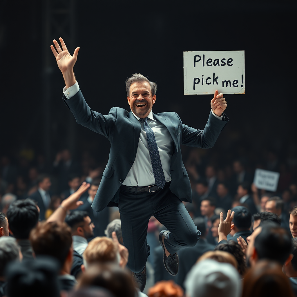 An ethereal mystic businessman eagerly jumps out of a crowd raising and waving his hand. His other hand holds a sign that reads "Please pick me!"