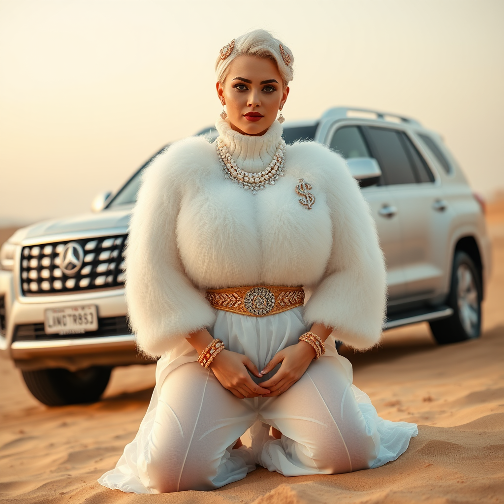 Kuwait desert dunes misty dawn, full size luxury SUV: Melissa, European 17 years old very convincing femboy “trophy-bimbo”, tamed servile docile, very beautiful feminine flawless face, rather short, by hormones very curvaceous womanly figured, platinum blond short tight curls, bold red lips, heavily made-up face, wearing Supertanya-style fluffy very fuzzy bright white angora turtleneck-poncho cropped ending under bust decorated with pearls and gemstones, striking oriental wide gold bridal protection belt, white fully transparent harem pants, full Oriental bridal jewelry including headpiece, Battoulah face veil, coin anklets, striking diamond “$$$” letter brooch on left chest, pout frustrated, hands tied behind back, kneeling in sand in front of SUV, looking at camera. Focus on face and turtleneck-poncho.