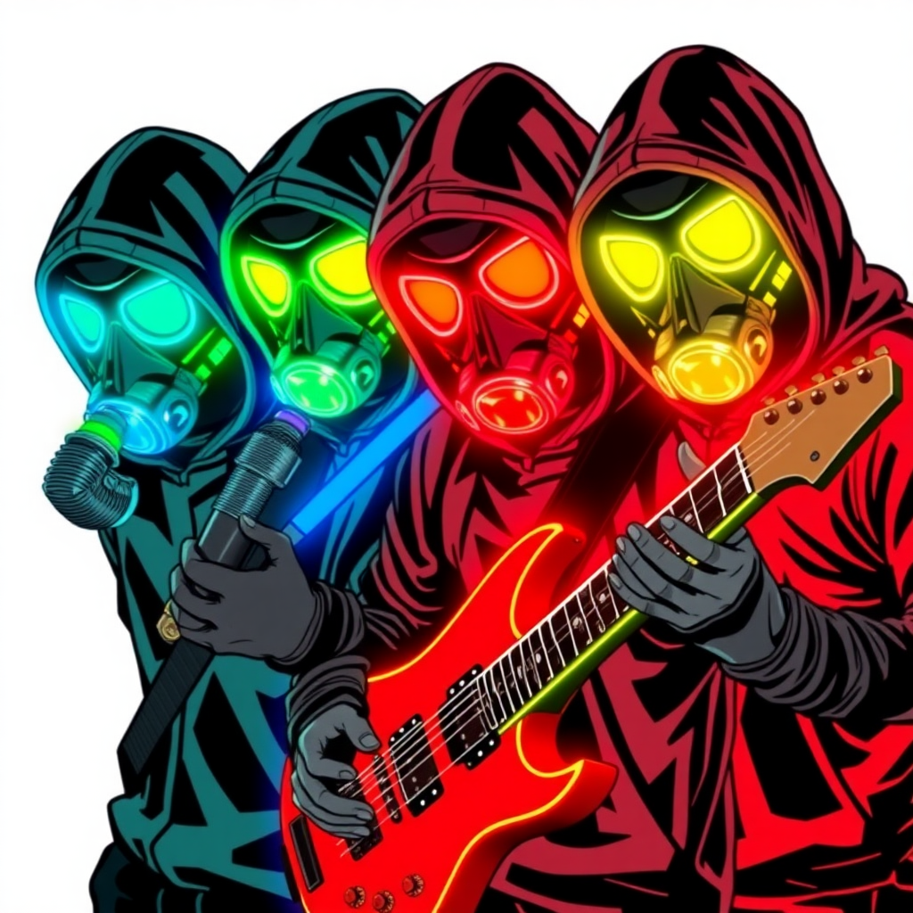 a rock band-themed group of anarchist vigilantes. They wear black tactical hoodies and color-coded gas masks that glow neon in their respective Munsell colors. Each member’s gas mask matches their designated Munsell color. There are only four members:

Maximum Yellow: Hypnotic Keyboardist with a neon yellow glowing gas mask (Munsell Yellow)  
Maximum Green: Seismic Drummist with a neon green glowing gas mask (Munsell Green)  
Maximum Blue: Electrokinetic Guitarist with a neon blue glowing gas mask (Munsell Blue)  
Maximum Red: Sonic Lead Vocalist with a neon red glowing gas mask (Munsell Red)  

The scene should capture their rebellious and intense energy, with each member in a dynamic pose, ready to unleash their musical and anarchistic powers. They are on a solid white background. They are drawn as if they are in a retro 2D cyberpunk fighting game.