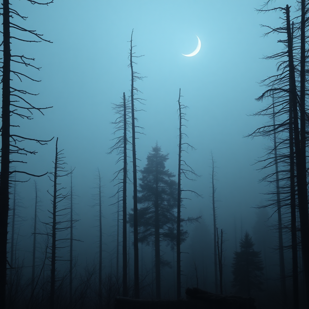 a photo of a foggy forest, by Kristian Zahrtmann, broken forests, eerie color, black fir, forest on the horizon, alien trees, destroyed forest, merging with tree in a forest, crescent moon, forested, barren, danila tkachenko, tall trees