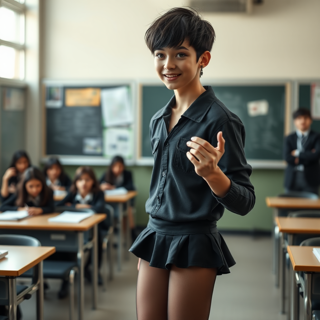 photorealistic, ultra high resolution, 16K, surreal fantasy, soft studio lighting, a pretty 17 year old goth male, slim male physique, short dark hair, blue eyes, goth makeup, earrings, sheer pantyhose, UK girls-school uniform, Mary-Jane shoes, standing in the classroom delivering a talk, excited smile, facing the camera.