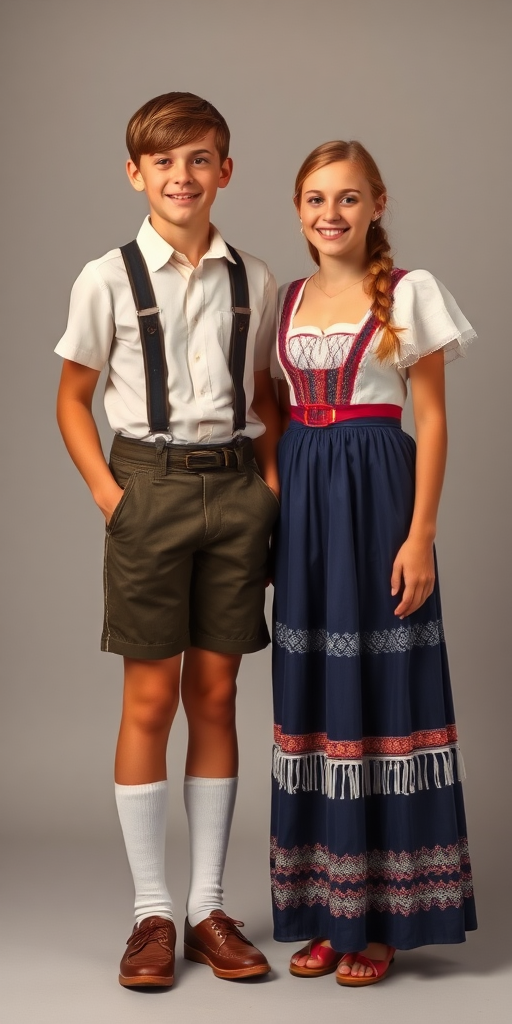 A 14yo teen boy, wearing shirt, shortest lederhosen, tube socks, shoes, long legs, narrow thighs. With a girl wearing traditional floor long dress. full-length view. studio background. Family photo. 1980s. 
photorealistic, ultra high resolution, 16K,
Negative: grainy, blurry, bad anatomy, extra limbs, watermark.