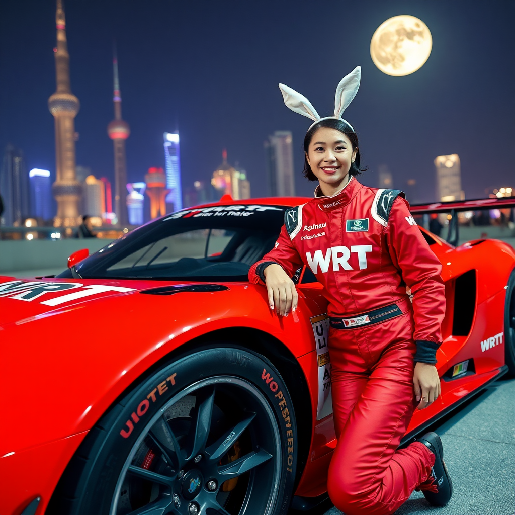 On the red race car body, only "WRT" is written. The Chinese beauty racer, wearing rabbit ears, is happily posing for the camera. The red racing suit also only has "WRT" written on it, with a background of the night scene of Shanghai and a huge moon.