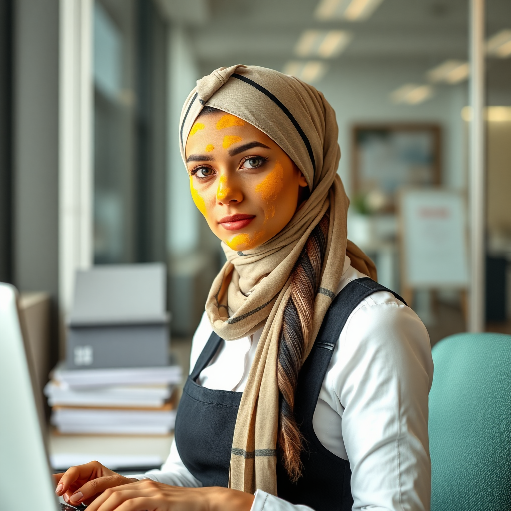 slim, modern, french maid, long scarf head, turmeric paste on face, working in office