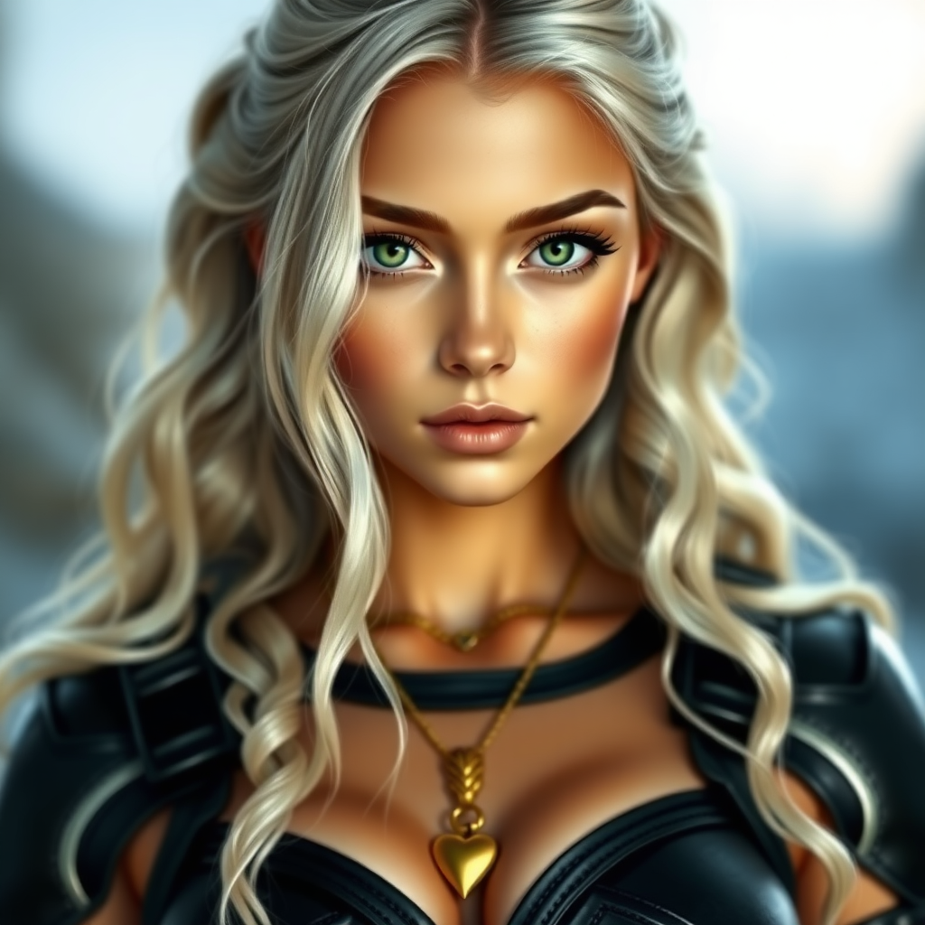 Portrait of a beautiful young woman with long wavy platinum blonde hair, green eyes, a suntan, light brown eyebrows, and large breasts. She is wearing black leather armor and a gold necklace with a small heart pendant.