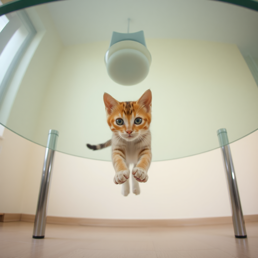 The camera is positioned directly beneath a transparent dining table, shooting vertically from below. A cute little cat is walking on the table, with the soles of its four paws clearly visible.