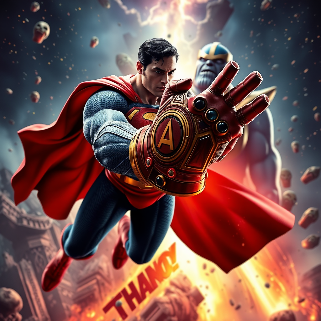 jumping out of an epic comic book cover and out of the screen is Superman Vs Thanos. Superman rips off the infinity gauntlet on Thanos's hand. Cinematic Real3d photo-realistic quality.