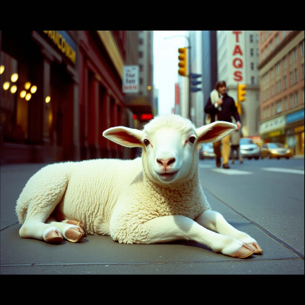 highly detailed Kodachrome color real photograph from 1974 of And the lamb lies down on Broadway The lamb seems right out of place  
The Broadway street scene finds a focus in its face  
Somehow it's lying there  
Brings a stillness to the air  