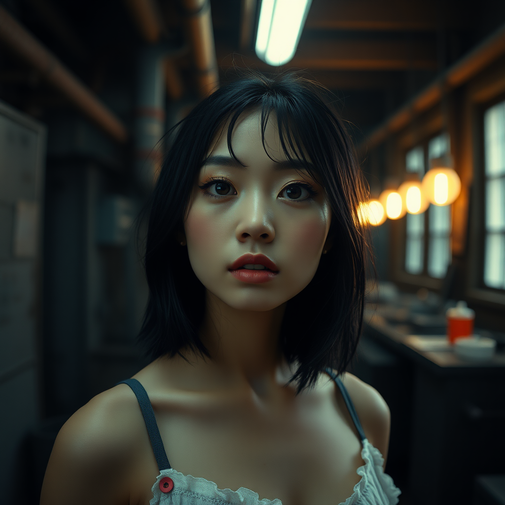 A surreal Asian Girl in a dark old Factory