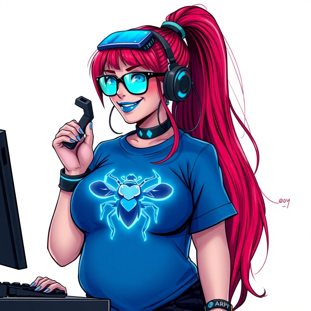 A cyberpunk vigilante’s full-figured intelligent and tech-savvy 29-year-old girlfriend, who is a computer hacker and tech genius. She has a long ruby red ponytail streaked with sky blue. She wears maximum blue lipstick, blue eyes, a sapphire beetle gemstone necklace, sapphire earrings, black eyeglasses, futuristic holographic computer bracelets, and an oversized maximum blue t-shirt featuring a neon blue glowing beetle chest emblem. She has a full-figured physique with a prominent, round, gargantuan midsection, reflecting her well-cared-for lifestyle. She sports a sapphire headset with a hi-tech maximum turquoise lensed HUD, and a blissful smile with a neon red blush. She serves as his tech expert from his hideout, diligently working at her lab table and computer desk. She holds a futuristic wrench. The background is solid white. She is drawn as if she was in a retro 2D cyberpunk fighting game.