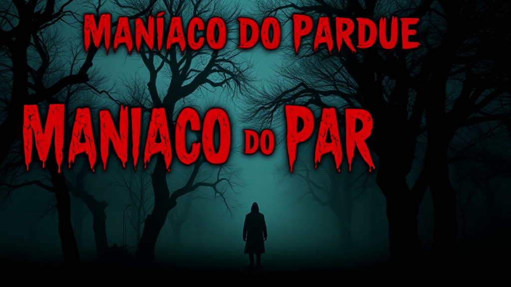 Create a YouTube thumbnail (1024x576) featuring a dark, foggy park scene. In the foreground, a shadowy figure lurks among twisted trees, creating a sense of dread. Use a gradient background of deep greens and blacks to enhance the eerie atmosphere. Place the title 'Maníaco do Parque' prominently at the top in a bold, horror-style font with a blood-red outline for emphasis. Add subtle textures like cracks or shadows to create depth, ensuring the overall design conveys a sense of psychological horror.