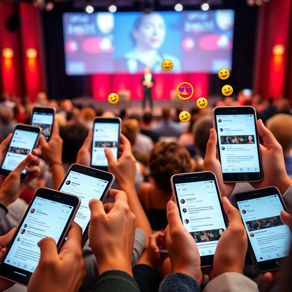 In the foreground, a close-up of diverse hands holding smartphones and tablets, all showing the same live event on their screens with active comment sections. The screens display snippets of live chat messages and emojis. In the background, slightly blurred but still recognizable, is the live event stage with the host and in-person audience. Comments and emojis appear to float off the device screens and move towards the host, illustrating the direct link between attendees' devices and live interaction.