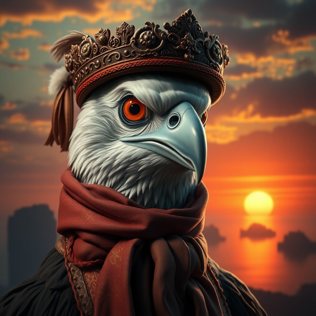 Create a surreal, cinematic portrayal of a majestic bird elegantly dressed for a royal event with an intricate, ancient scarf and hat. The bird’s eyes should convey profound wisdom and mystery, captivating viewers with its enigmatic presence. Set against an ethereal, dreamlike landscape featuring floating islands and a distant, vibrant sunset, the scene seamlessly blends elements of fantasy and high fashion, infused with whimsy and enchantment.

Render this artwork in stunning 64K UHD resolution, showcasing a broad color spectrum and meticulous detail suitable for premier platforms like ArtStation and Behance. Utilize advanced digital art techniques with Corel Painter, ZBrush, and Adobe Photoshop to achieve remarkable 3D volume, exquisite shading, and ultra-fine detailing. Incorporate high-quality pigments, metallic flakes, and glass beads to ensure textures radiate vibrancy under raking light.

Implement a tranquil chiaroscuro effect to enhance depth and clarity through a subtle interplay of light and shadow, using soft, delicate colors alongside nuanced shades of grey, black, and white. Employ advanced rendering techniques and 3D volumetric effects to provide unparalleled detail and sharpness, complemented by a hyper-realistic pencil sketch texture for intricate elements. Compose the image with a cinematic close-up approach, emphasizing gentle, lifelike depth and striking details. Use a balanced f/11 aperture and a raw photographic style with advanced v6 enhancements to render vivid colors and minute details at an exceptional level of realism.

Ensure maximum harmony across all elements, resulting in a balanced and cohesive composition that captivates both technically and emotionally. Draw artistic inspiration from Cameron Gray, John Gould, Vladimir Volegov, Mondrian, Craig Mullins, Jirka Vinse, Jonatan Väätäinen, Meghan Duncanson, and Bergsma to enrich the visual and emotional impact of the artwork.