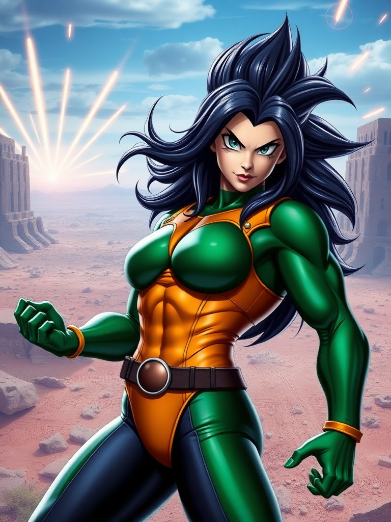 Generate a hyper-realistic image of the Marvel Comics character Rogue, retaining her original head. Modify her body to have the muscular physique of Vegeta from Dragon Ball, reflecting his anatomy while keeping Rogue's facial features and hair. Place her in a dynamic pose that showcases her powers. The background should merge elements from both the Marvel Universe and Dragon Ball, featuring a vibrant, action-packed setting that complements both characters, such as a deserted cityscape with energy blasts in the sky. Aim for a visually striking and detailed portrayal, capturing the essence of both characters.