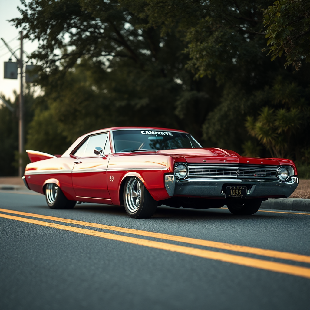 the drag car is parked on the side of the road, inspired by Taiyō Matsumoto, tumblr, restomod, nd4, c4 metallic shine candy red classic american low rider custom ford