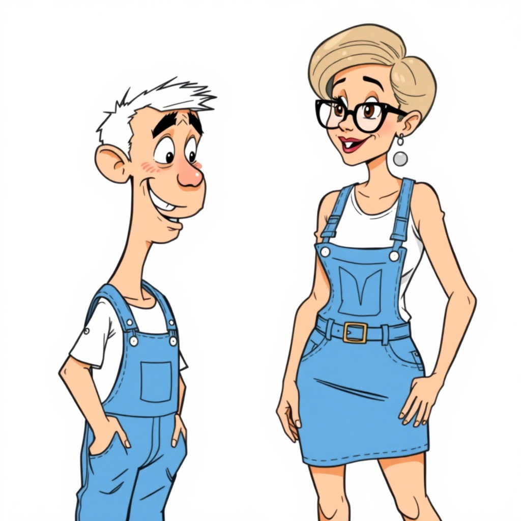 20 year old european skinny boy wearing work overalls is blushing excited while listening to a 55 Years old, European, Latina, sharp aquiline nose, wrinkles, high cheekbones, Middle Eastern, Skinny, Tanned skin, Dark light skin, Rounded Medium breasts, Skinny thighs, full Makeup, jewelry, Serious face, Sharp nose, shocked, blushing, open mouth, horny, Ash hair, short bowl haircut, Brown eye color, Glasses, with detailed features. She is watching the boy, she is wearing a white shirt and a blue skirt, detailed fabric. full body, long establishing shot, 2D, caricature, cartoon, Sketch lines, coloring book, black and white, coloring book style on white background, well composed, clean coloring book page, No dither, no gradient, strong outline, No fill, No solids, vector illustration