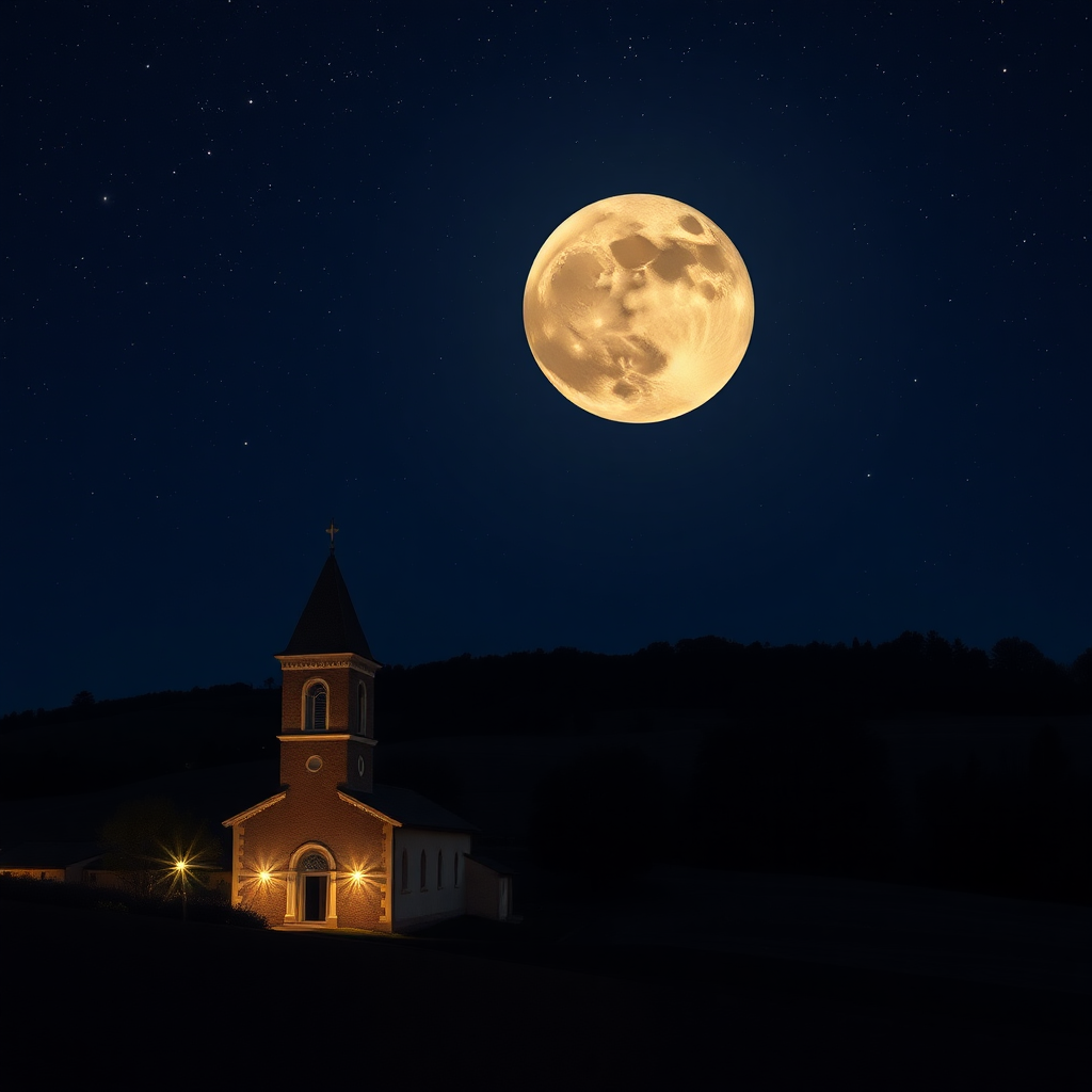 A country with a church and a square campanile without a pointed top, with lights, a large moon, and a very starry sky in semi-darkness.