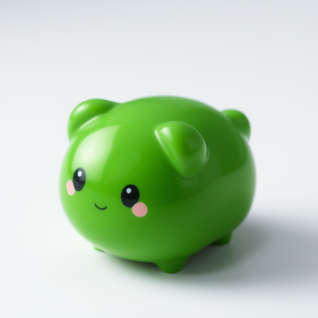 A small, adorable green object with a smooth, glossy surface, soft rounded edges, and a playful design, reflecting a toy-like charm or whimsical nature.