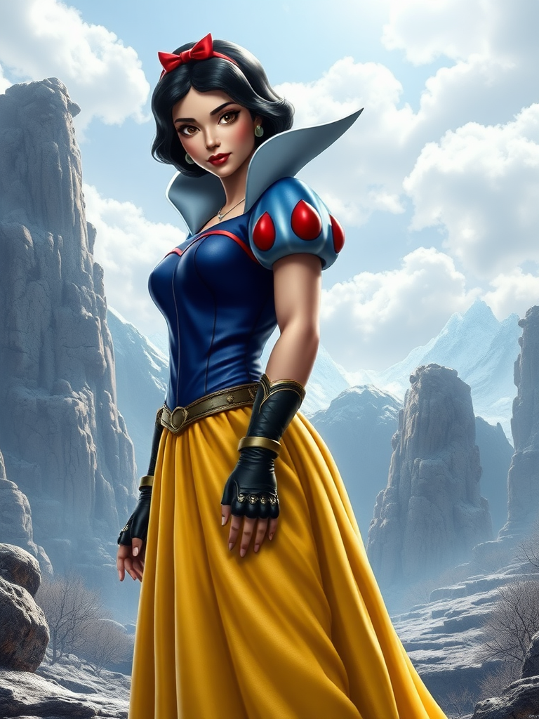 Create a full-length hyper-realistic render of Snow White, but with the body type of Duke Nukem. Retain her head but modify her costume to suit the new proportions of a muscular build. Adjust the body structure and silhouette to reflect male gender traits while keeping Snow White's classic features. Design the background to be an appropriate setting that blends elements from both characters, combining a fairytale landscape with a rugged, action-oriented environment. Ensure the overall composition highlights the contrast between the refined aesthetic of Snow White and the robust physique of Duke Nukem.