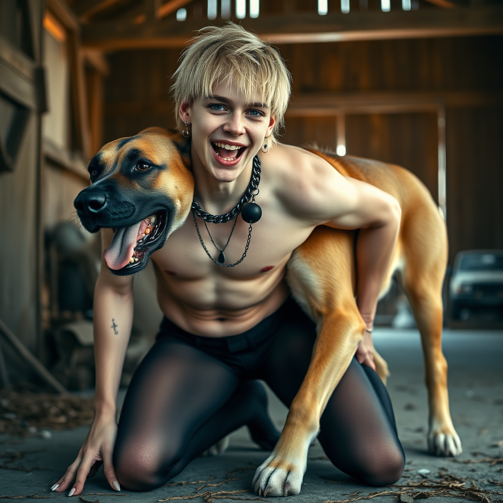 photorealistic, ultra high resolution, 16K, surreal fantasy, soft studio lighting, Caleb Swift is a pretty 16 year old goth male, slim male physique, blonde hair, blue eyes, goth makeup, earrings, sheer black pantyhose, spikey neck collar with chain, kneeling and leaning forward on the floor of the barn while his large dog rests its front legs on Caleb's back, during daytime, excited open mouth smile, small black ball-gag, drooling a stream of saliva from his mouth, bulging crotch, facing the camera.