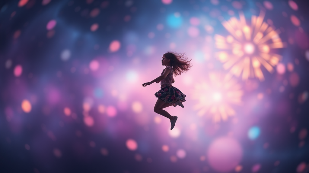 Low Key Lighting, dreamscape, nebula, Bokeh, abstract, brilliant colors, glittering, translucent, iridescent, glowing, artistic photo, panoramic, airy, original, experimental, interdimensional, fireworks, preteen girl floating in the distance