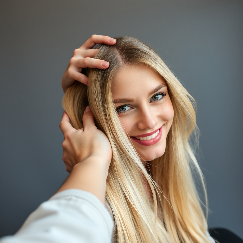 POV, beautiful very long haired blonde woman sitting in a hair salon smiling at the camera while I reach out from behind the camera to massage her scalp. My fingers are in her hair rubbing her scalp while her hair is covering my hands. Plain gray background.