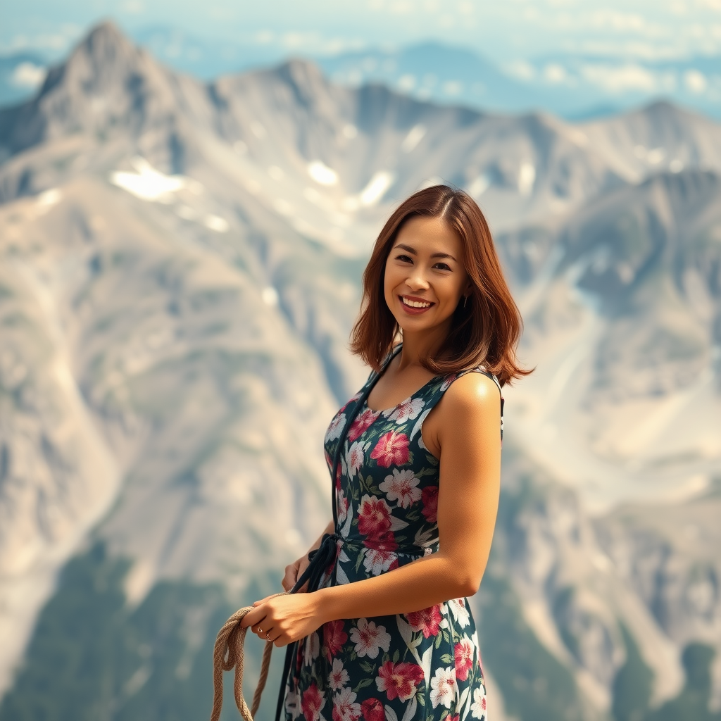 middle-aged woman, brown hair, slim, small, shoulder-length hair, mountain-climbing, holding a rope, climbing large magnificent mountain in flower-pattern dress.