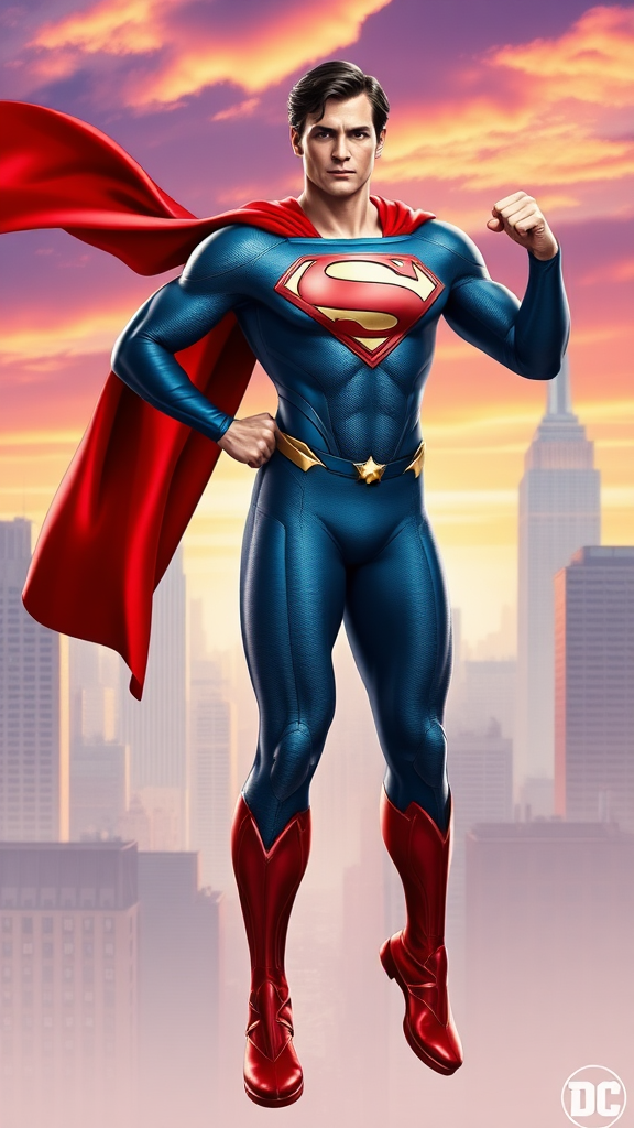 Generate a full-length image of Superman using the female body structure of Elastigirl. Retain Superman's head, hairstyle, and facial features while adapting the costume to fit the new proportions, adding embellishments for a fresh look. Create a background that combines elements from both characters, featuring iconic cityscapes along with vibrant colors that reflect their powers and personalities. Aim for a dynamic pose that showcases strength and agility, capturing the essence of both characters in this unique representation.