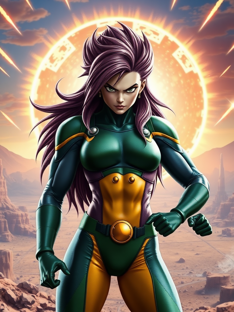 Generate a hyper-realistic image of the Marvel Comics character Rogue, retaining her original head. Modify her body to have the muscular physique of Vegeta from Dragon Ball, reflecting his anatomy while keeping Rogue's facial features and hair. Place her in a dynamic pose that showcases her powers. The background should merge elements from both the Marvel Universe and Dragon Ball, featuring a vibrant, action-packed setting that complements both characters, such as a deserted cityscape with energy blasts in the sky. Aim for a visually striking and detailed portrayal, capturing the essence of both characters.