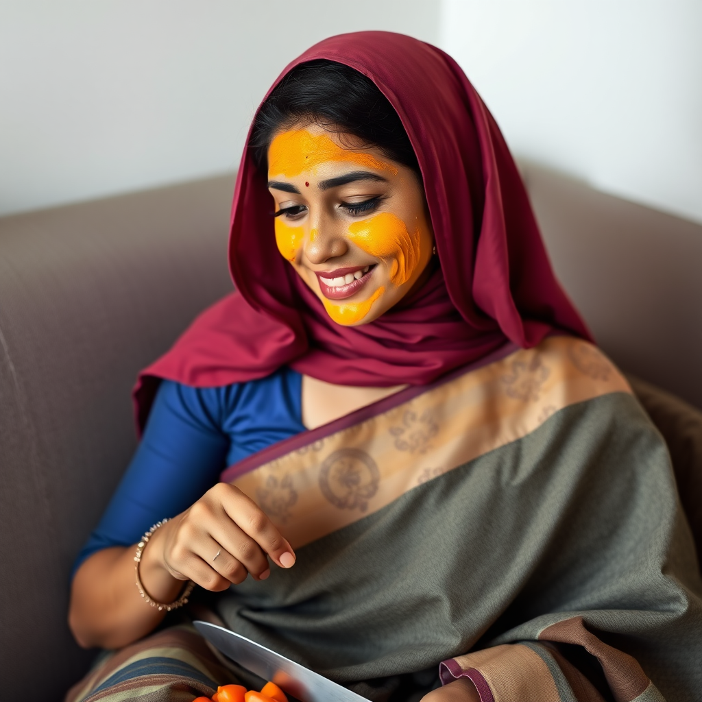 slim, 30 year old, modern indian wife with saree and hijab, turmeric paste on her face. she is sitting on a sofa and cutting vegetables