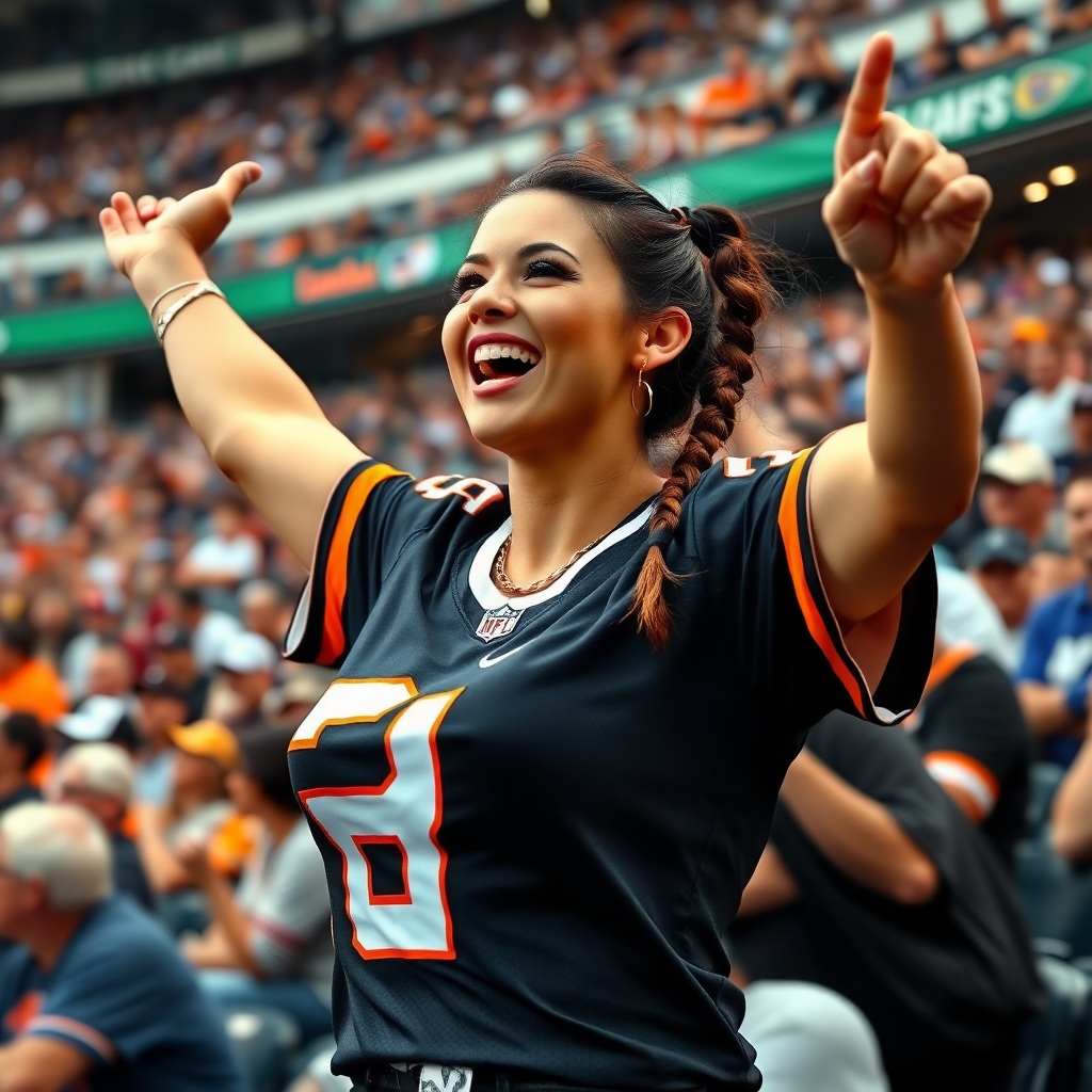 Extremely attractive female NFL fan, huge chest, jersey, cheering wildly, pigtail hair, crowded stadium bleacher row