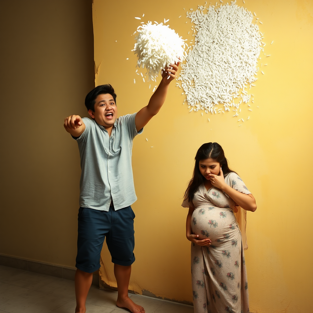 A young white man throwing rice at the wall, while his pregnant wife cowers in fear.