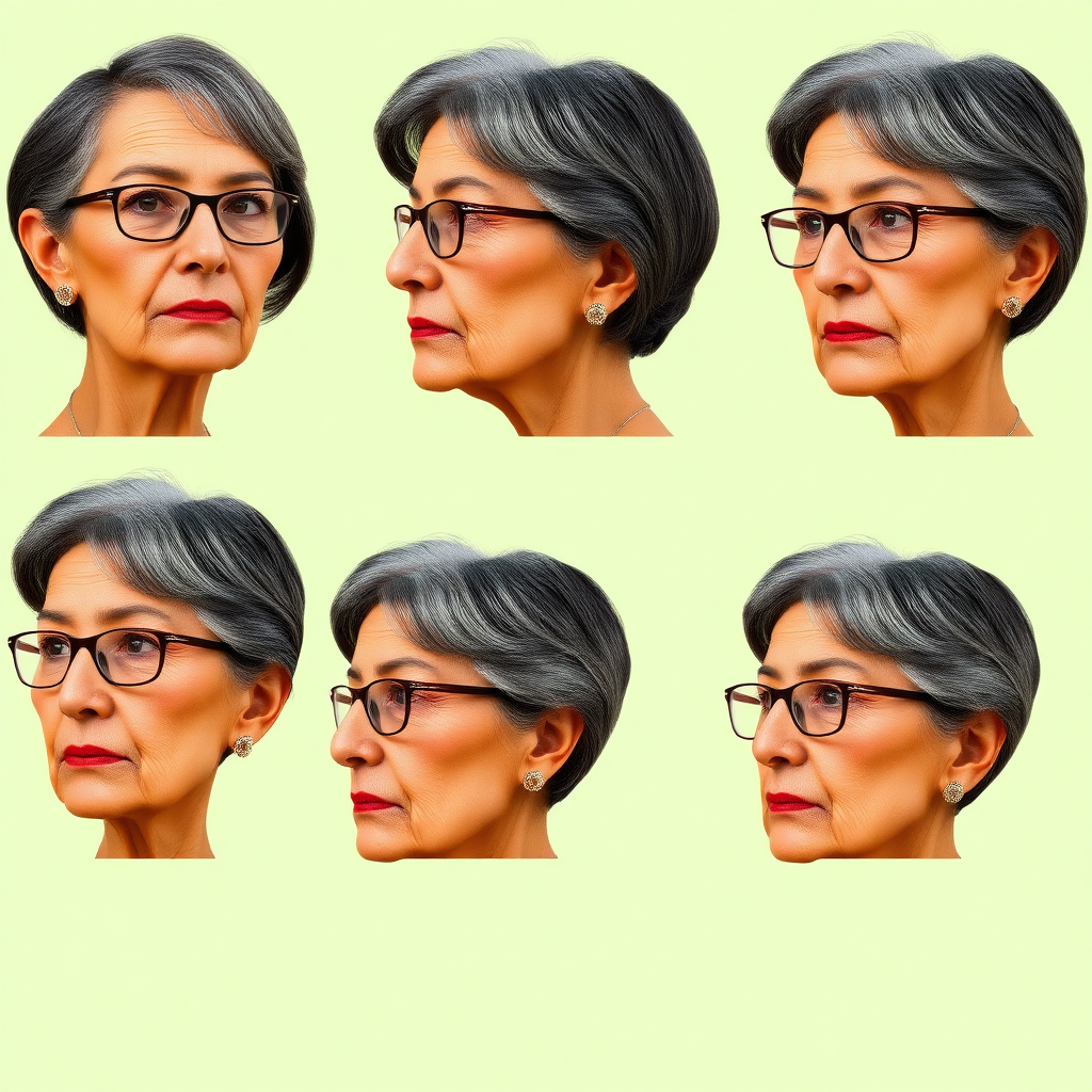 Photorealistic image of six headshots of a 55 Years old, European, Latina, sharp aquiline nose, wrinkles, high cheekbones, Middle Eastern, Skinny, Tanned skin, Dark light skin, full Makeup, jewelry, Serious face, Sharp nose, frowning, ecstatic, dark grey Ash hair, short bowl haircut, Brown eye color, Glasses, with detailed features. Each photo displays the same face in profile and front view, cut out and isolated on a green background. All six heads are visible side by side, empty space around each view, no overlapping.