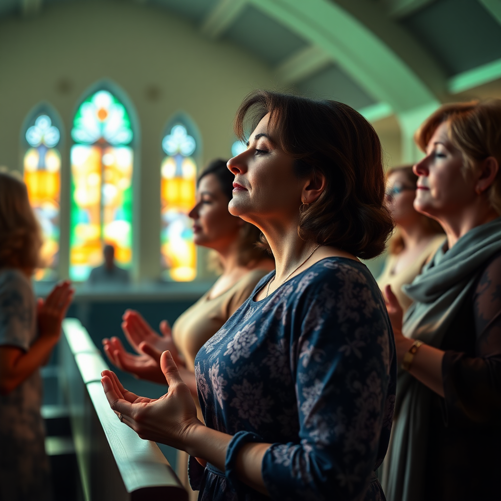 A banner with an image of several women praying in an evangelical church, digital art style, ultra detailed, cinematic lights, high quality, 8K