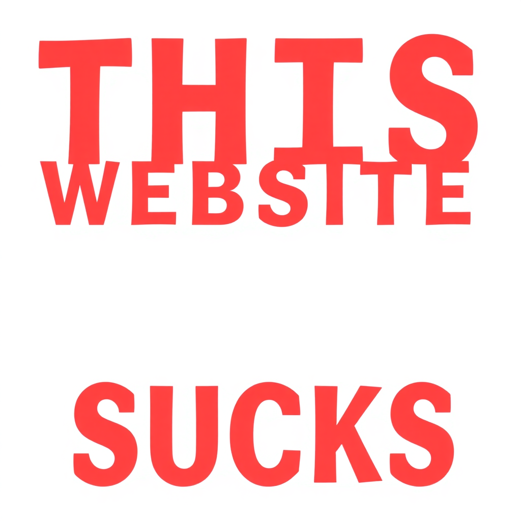 a simple monotype red text against a white background reading "THIS WEBSITE SUCKS"