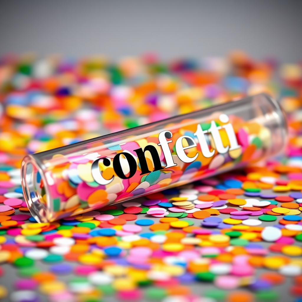 A photo of a glass fat transparent plain uniform confetti popper tube with colorful confetti inside and with text "confetti" on it, lying flat at an angle, with confetti around it, distant confetti blurred, white bold text with a black border, reflections on the tube glass, tube closed from both ends