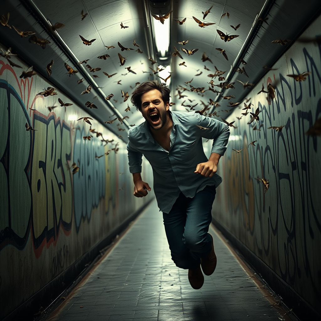 The image shows a tired handsome wild man running and screaming in Polish subway with graffiti on the walls on either side. He is wearing a shirt and jeans. There are hundreds of moths flying in the air and lights illuminating the scene. Dark Cinematic style, he is in the dark, light is behind him, very natural skin.