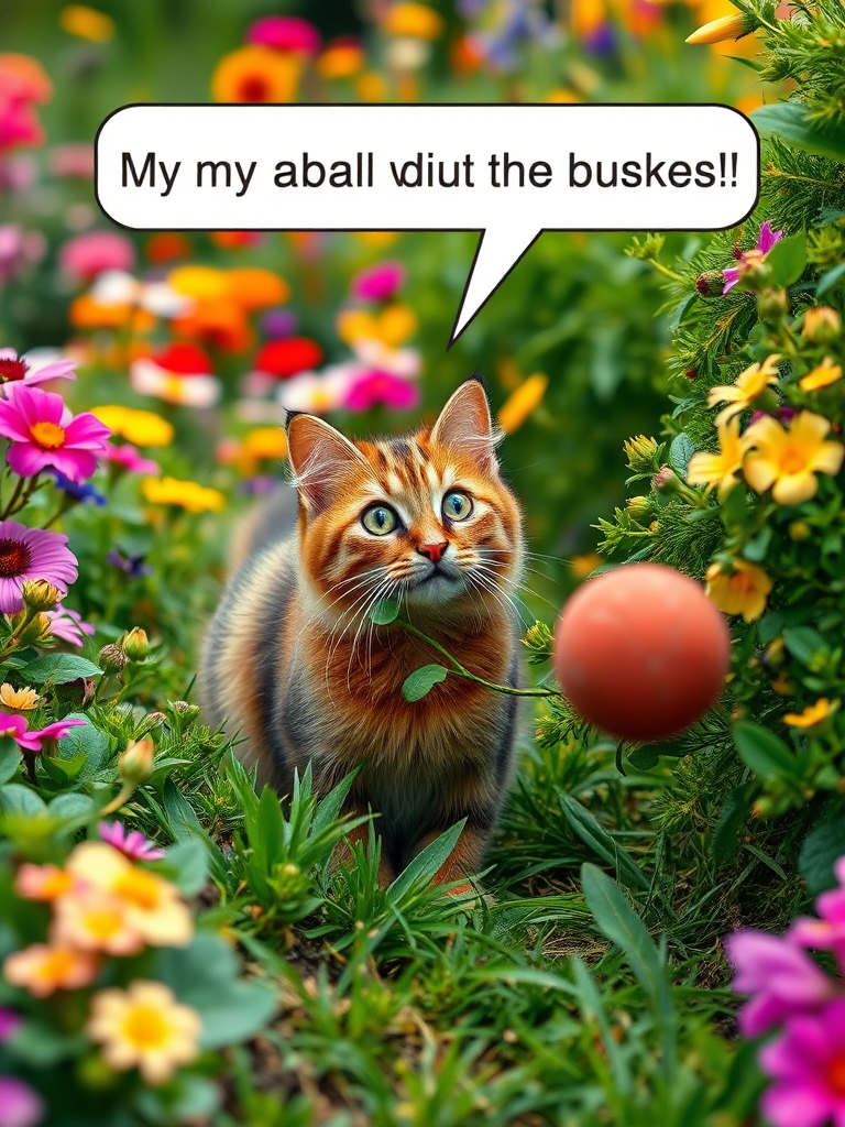 A realistic 4K scene featuring a Brown Cat with a surprised expression as a ball rolls toward a bush. The cat is exclaiming, 'Oh no! My ball went into the bushes!' The setting is a colorful garden filled with vibrant flowers and lush greenery, capturing the playful and slightly worried moment.