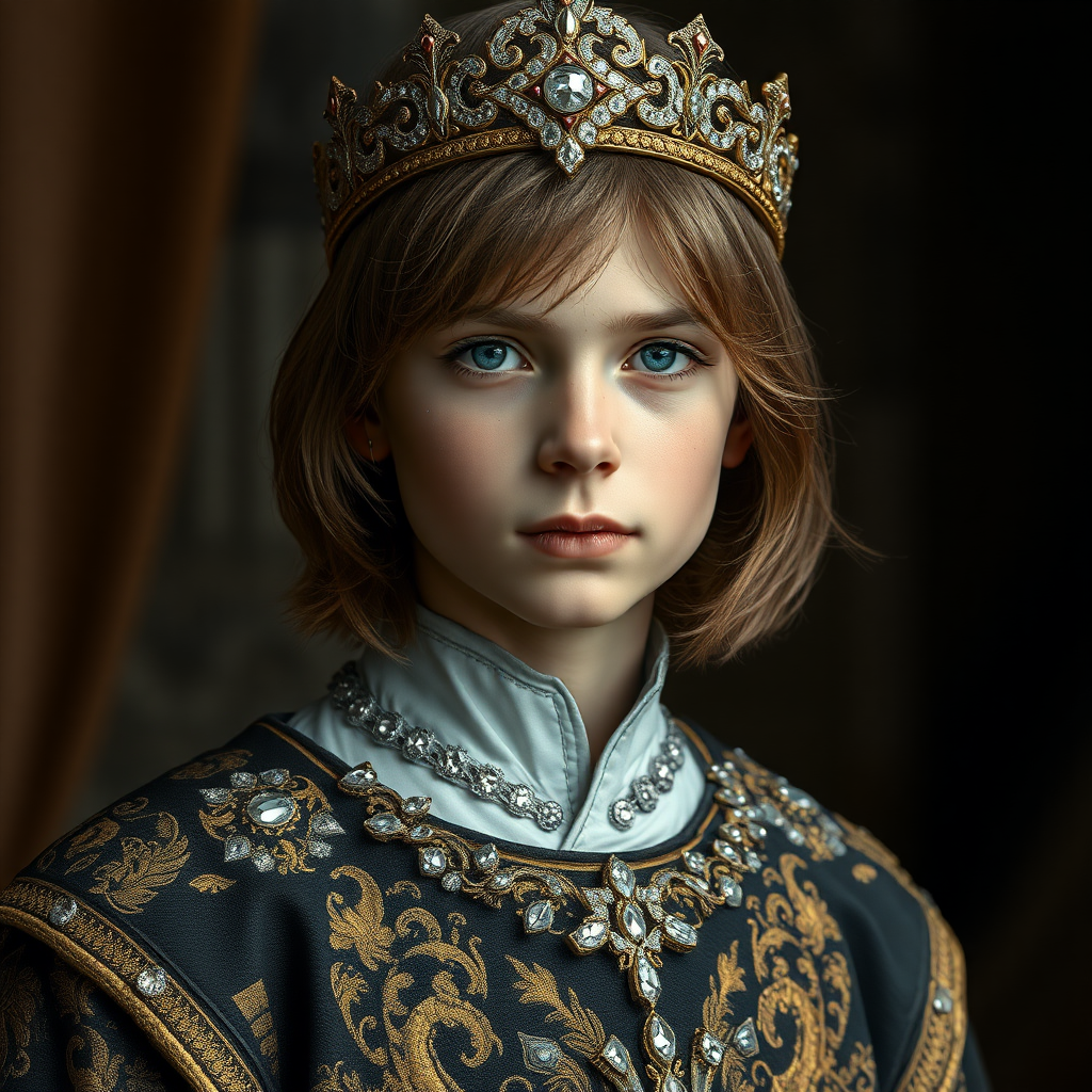 16yo teen boy prince, long bob cut, embroidered with gold and diamonds medieval cloths, diamond diadem, and Beautiful War. Free style by FLUX photorealistic, ultra high resolution, 16K,