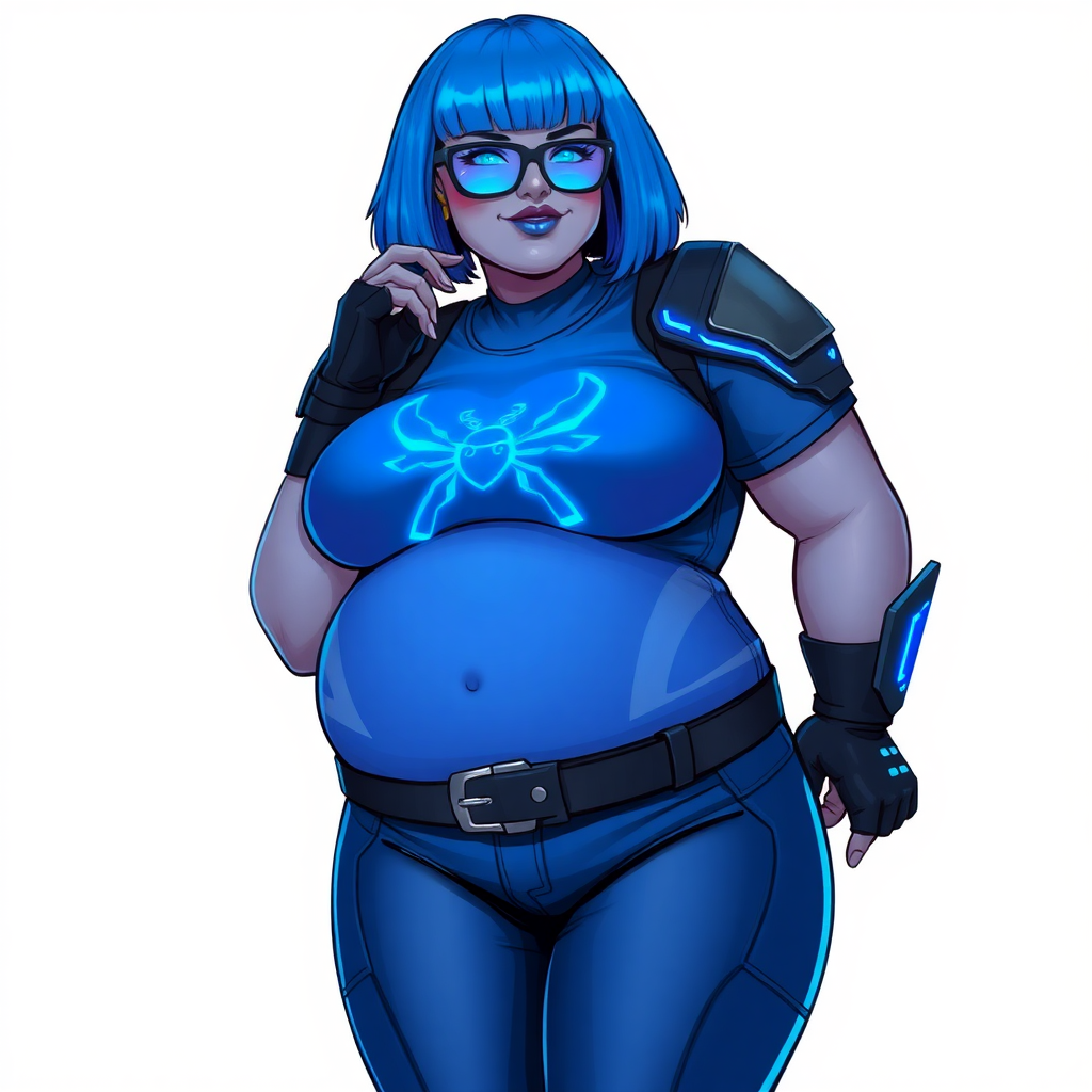 A 28-year-old, full-figured, middle gray-skinned computer program hybrid with a maximum blue bob cut. She has a non-athletic build, highlighted by a prominent, round, large midsection (with emphasis on her belly), which shows the aftermath of her pampering. As the heavily pampered digital sidekick to her cyberpunk vigilante boyfriend, her middle gray metallic skin and maximum blue lipstick emphasize her digital nature. She wears a digital, computerized costume inspired by DC’s Carrie Kelly Robin, consisting of a huge, tight-fitting, maximum blue t-shirt with a neon blue glowing chest icon of a beetle, hi-tech shoulder pads with neon blue accents, a black hi-tech belt with a digital neon blue glowing buckle, digital maximum blue biker pants with neon blue accents, and black hi-tech fingerless biker gloves with neon blue glowing accents. Her neon blue glowing eyes, black eyeglasses with a neon blue glowing HUD built into the lenses, and shy smile with neon red blush accentuate her nerdiness. She stands bashfully with one hand behind her back and the other hand gently touching her cheek, her costume covering all her skin and emphasizing her full-figured physique (especially her belly). She is clearly non-athletic, with a focus on her full-figured physique. Despite her build, she radiates beauty. She has a slim face compared to her physique, accentuating her radiant beauty. She is on a solid white background. She is drawn as if she were in a retro 2D cyberpunk fighting game.