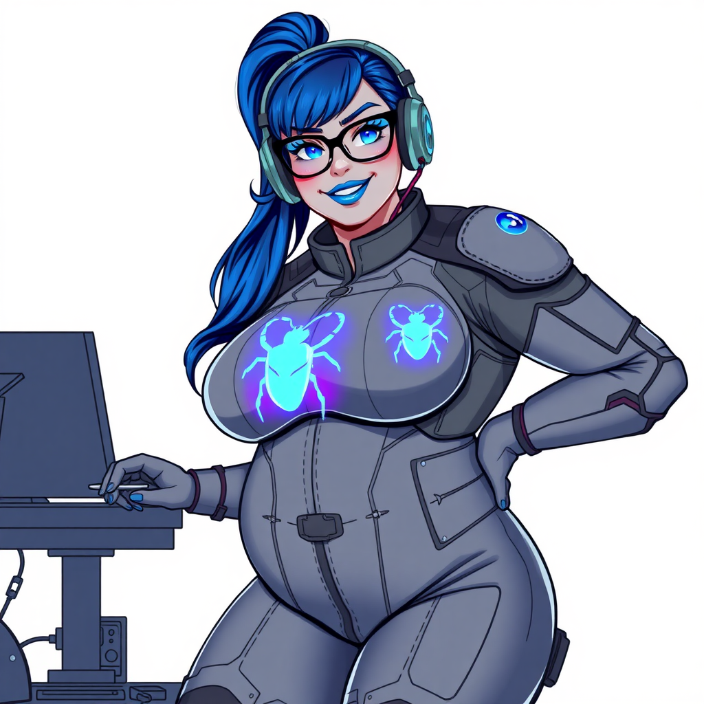 A nerdy, full-figured middle gray-skinned 29-year-old computer program hybrid with a long, maximum blue ponytail. She wears maximum blue lipstick and has bright blue eyes. Her outfit includes a digital, computerized, middle gray biker suit featuring a neon blue glowing beetle chest icon. She sports a sapphire headset and black eyeglasses, with a lovestruck smile and neon red blush. Her full figure reflects the doting care of her vigilante boyfriend. As his tech expert, she works diligently at her lab table in their hideout. The background is solid white. She has a prominent, gargantuan, round midsection, titantic limbs, and broad shoulders. Her middle gray metallic skin highlights her digital nature. The biker suit blends with her middle gray skin appearing to merge together as computer data. She is drawn as if she was in a retro 2D cyberpunk fighting game.