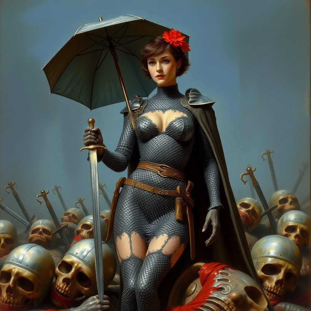 Mary Poppins in skimpy chainmail. She's surrounded by fallen soldiers. She has a blooded sword. The painting is by Frank Frazetta.