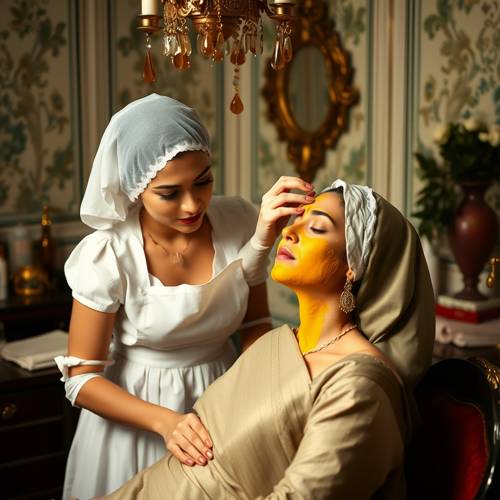 female french maids with hair covering, working in beauty parlour, giving turmeric facial to wealthy indian wife