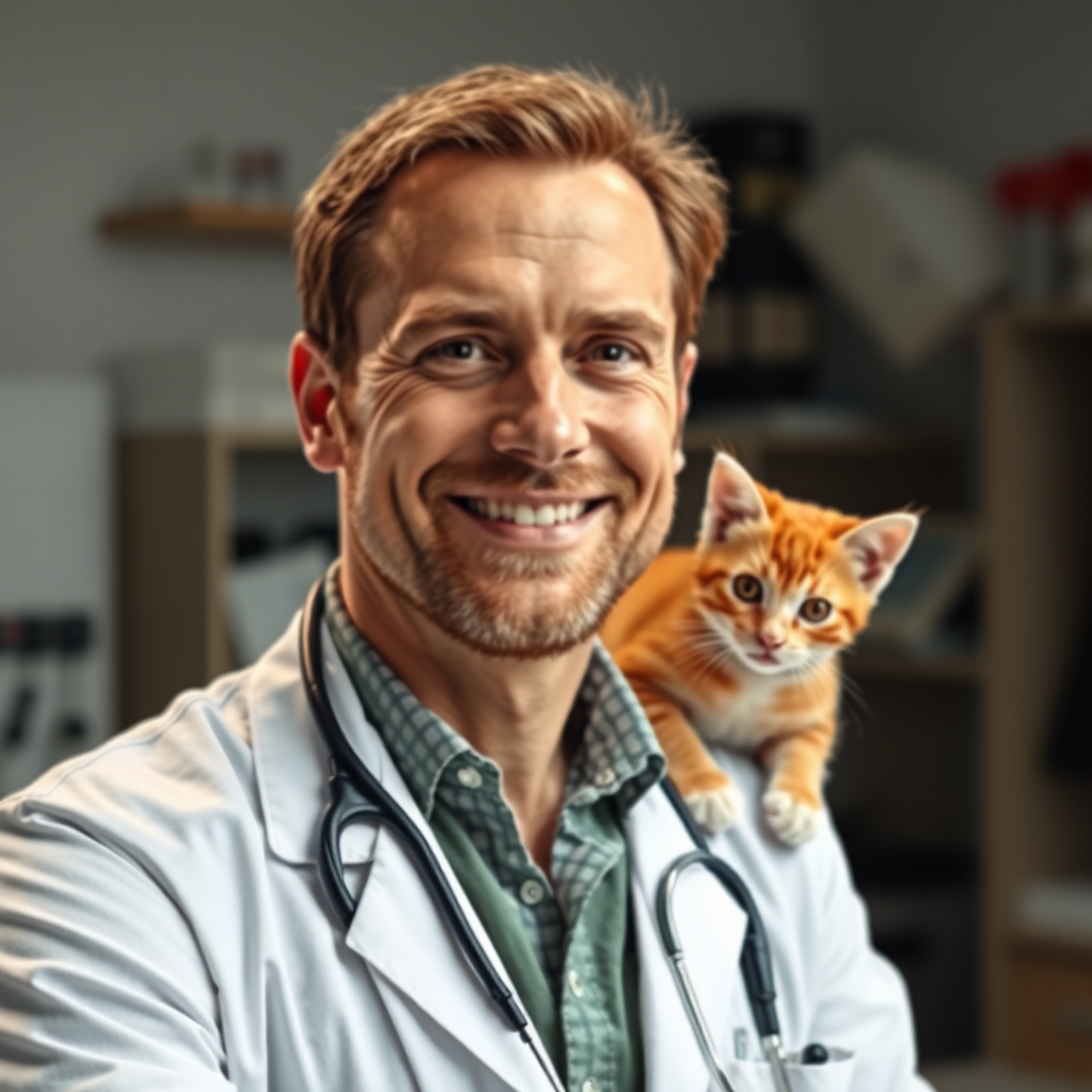 a 57yo handsome swiss doctor, very reliable look,on his studio,nice smile,really professional look,extremely photorealistic image, no rings. there is a red kitten on the doctor's shoulder