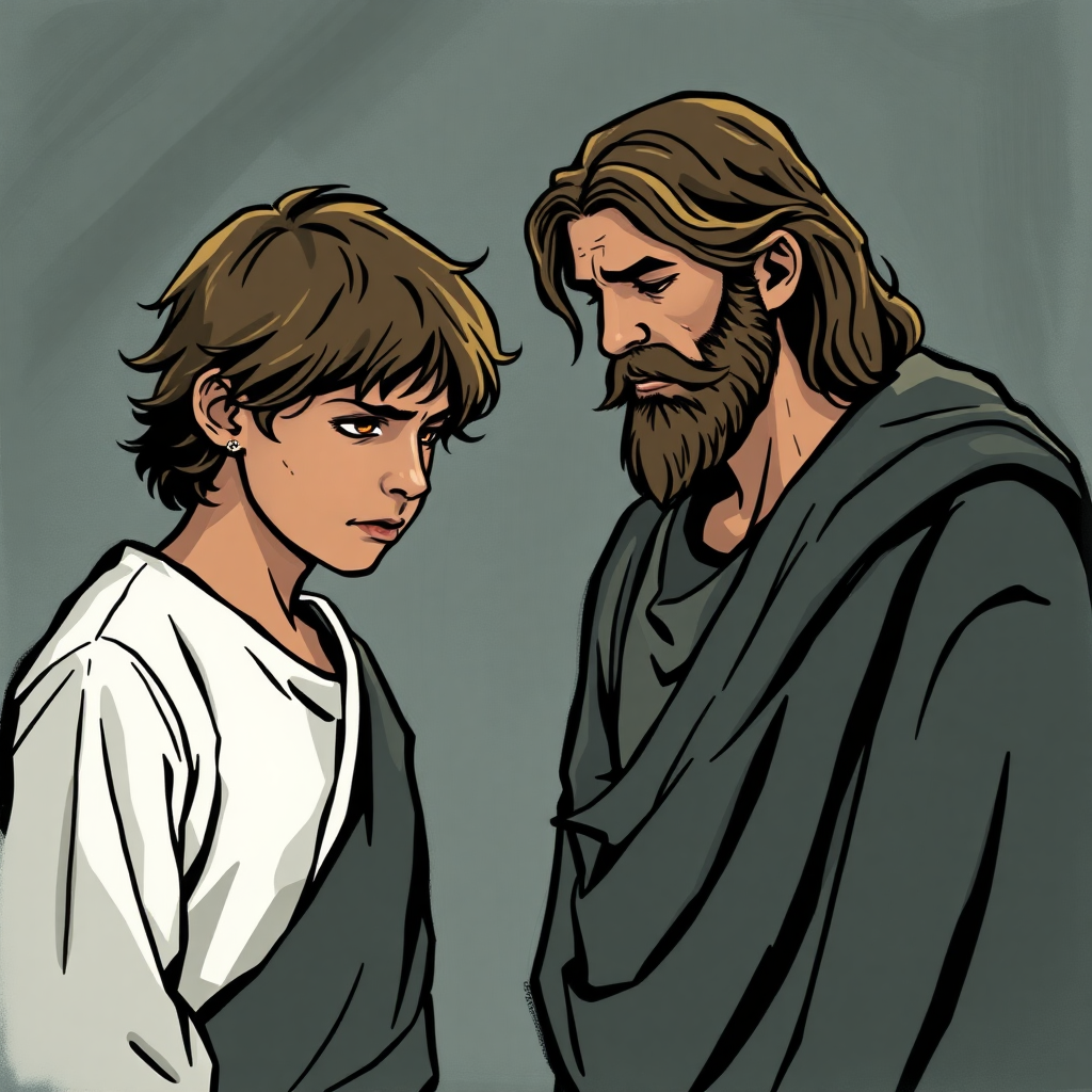 young man turns away from Jesus with anger and goes away and Jesus face is downcast