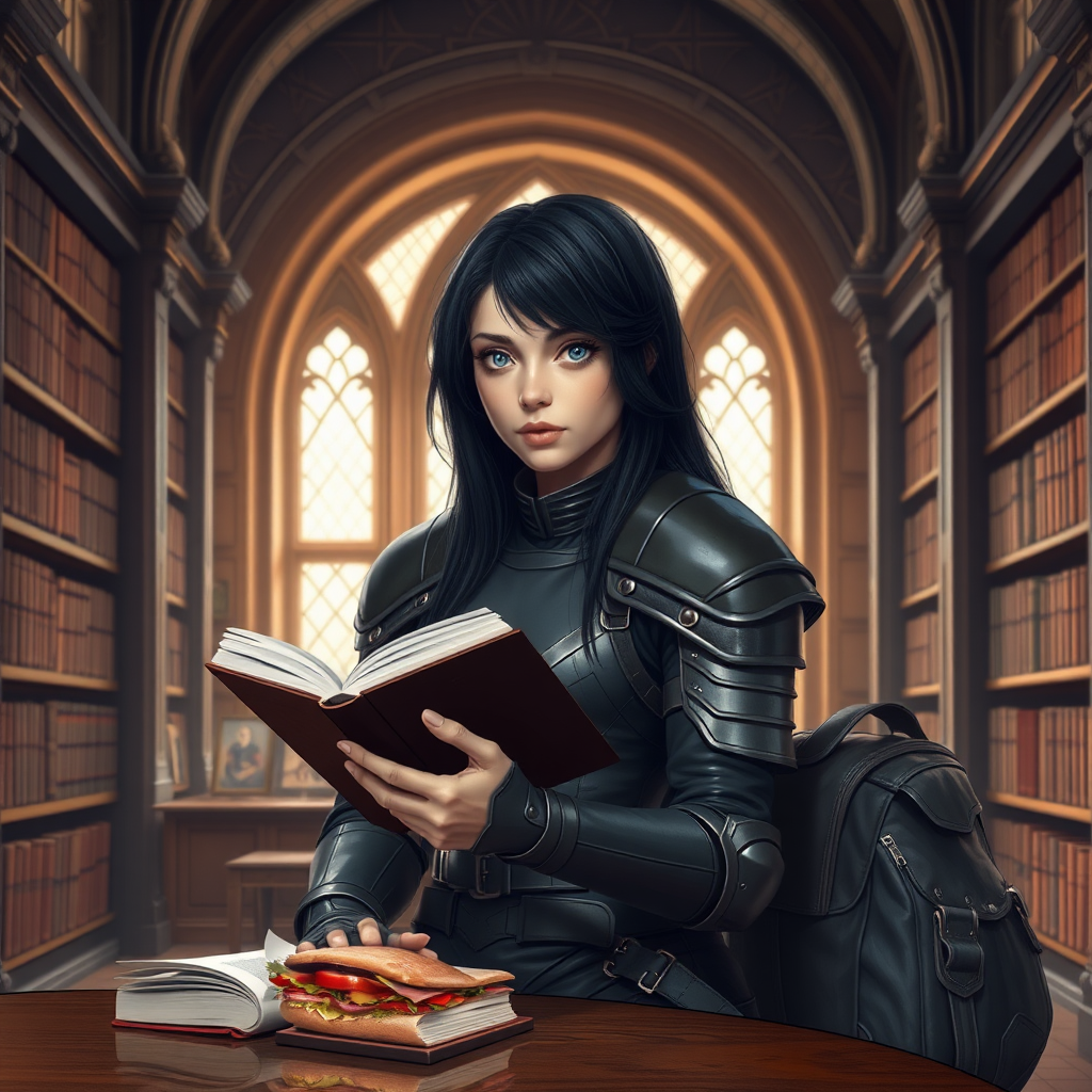 beautiful young woman, dark hair past her shoulders, blue eyes, small, slim figure, wearing full leather armor suit, sitting at table, reading book, a sandwich and backpack, in a grand old library.