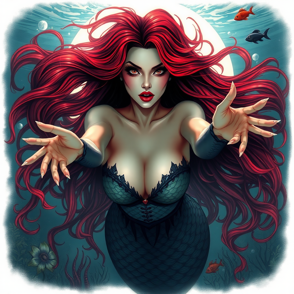 Vampirella as a mermaid underwater amazing loose flowing hair floating in a nimbus around her beautiful face her arms outstretched towards the viewer and she's looking down into the viewer's eyes making intense eye contact. loose fitting diaphanous. Burlesque. Stunning undersea life details plants and fish and other creatures of the sea.